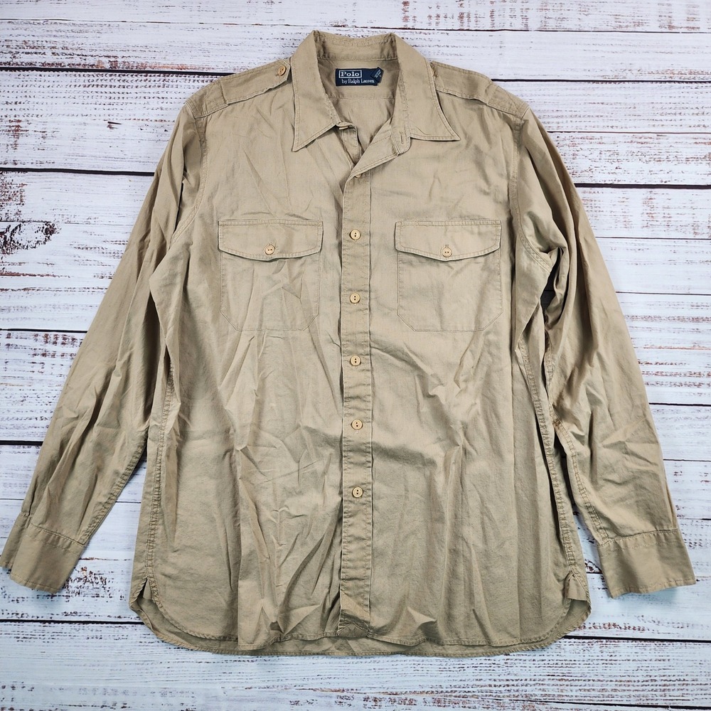 Polo Ralph Lauren Military Shirt Mens L Kauai 35 Stencil Khaki Safari Epaulets